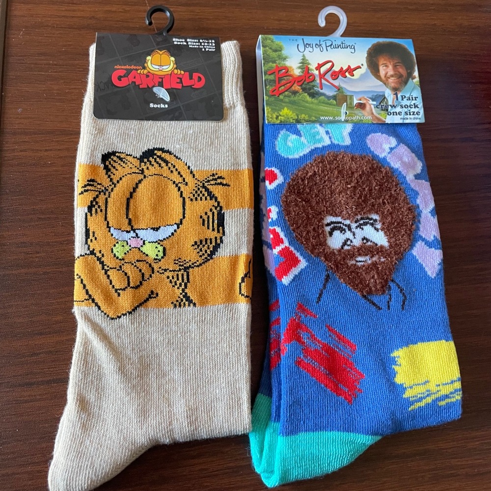 Garfield Bob Ross 2 pair novelty crew socks unisex new adult shoe size 8-12‎